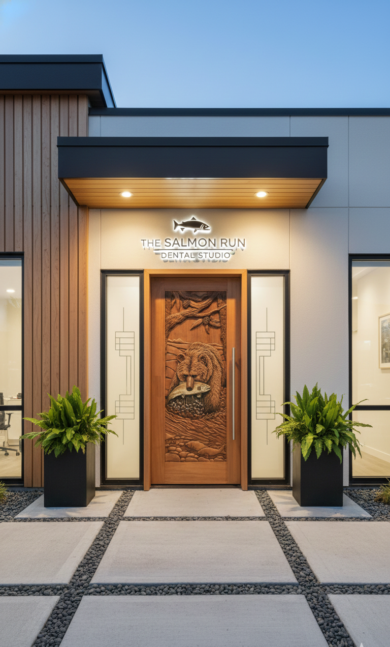 Custom hand-carved solid wood entryway door featuring a detailed high-relief grizzly bear catching a salmon, installed with frosted glass sidelights at a modern commercial dental studio entrance.
