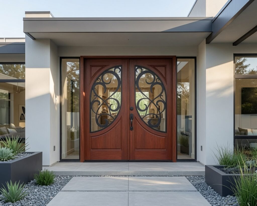 Contemporary luxury home entrance featuring a custom solid wood double entry door with oval glass and black wrought iron scrollwork, flanked by tall vertical glass sidelights on a minimalist stucco exterior.