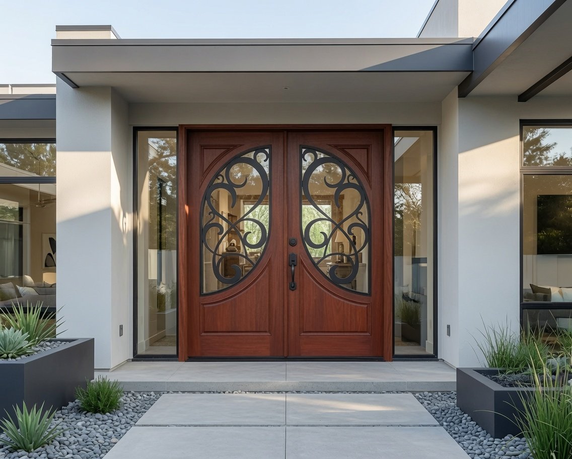 Contemporary luxury home entrance featuring a custom solid wood double entry door with oval glass and black wrought iron scrollwork, flanked by tall vertical glass sidelights on a minimalist stucco exterior.