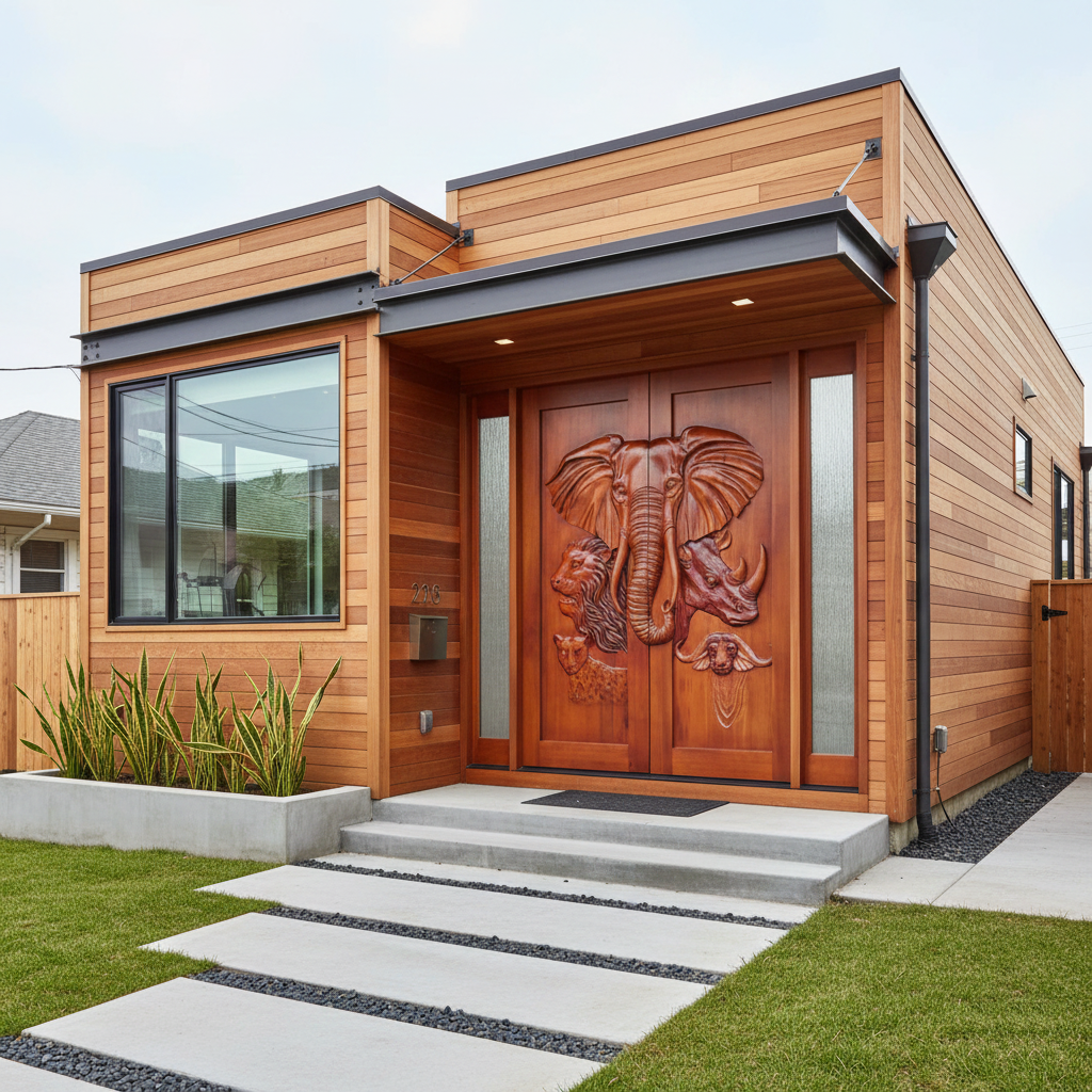 A wide exterior view of a modern horizontal wood-sided house featuring a custom hand-carved solid wood double entry door with high-relief carvings of African safari animals, including a central elephant, lion, rhinoceros, leopard, and cape buffalo, flanked by glass sidelights.