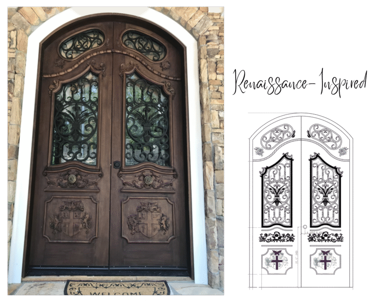 Custom Renaissance-inspired solid wood double entry door design layout, displaying the physical installed door with hand-carved coat of arms panels next to its detailed CAD architectural blueprint showing precise carving specs.