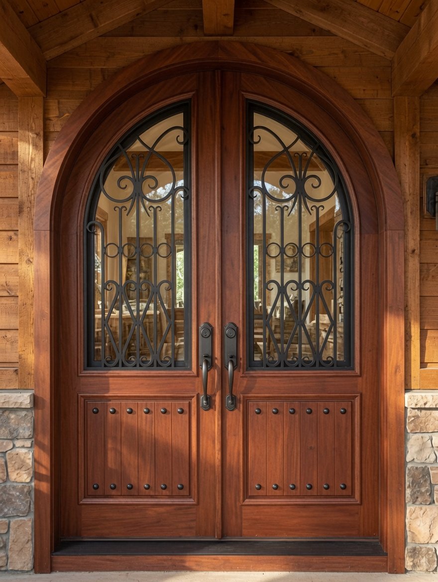 A fully installed custom arched double entry door made of warm solid mahogany wood, featuring black wrought iron grilles over glass, oil-rubbed bronze handlesets, and rustic bottom panels with decorative black clavos, flanked by stone siding and a wood beam ceiling.