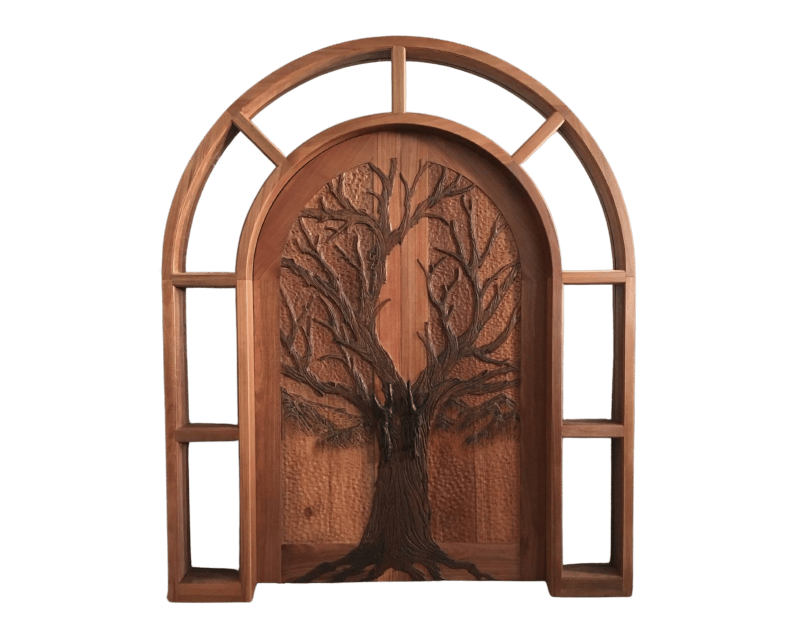 A front view of a finished, stained solid wood round top double entry door featuring a deeply carved 3D high-relief Tree of Life on a hand-hammered textured background, integrated into a matching solid wood arched frame with glass-ready sidelights and a curved transom.