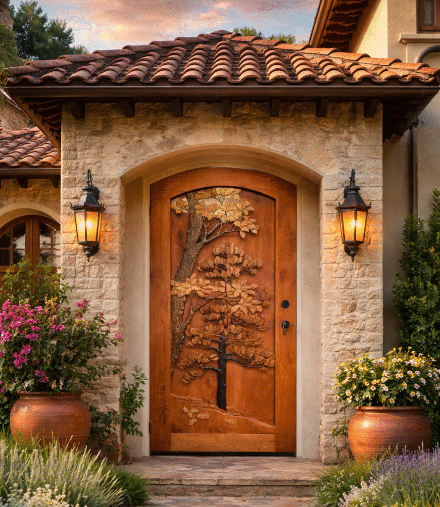 Installed round top arched custom solid wood single swing entry door featuring hand-carved high-relief botanical trees with multi-toned leaves on a Tuscan style stone entryway with clay roof tiles.