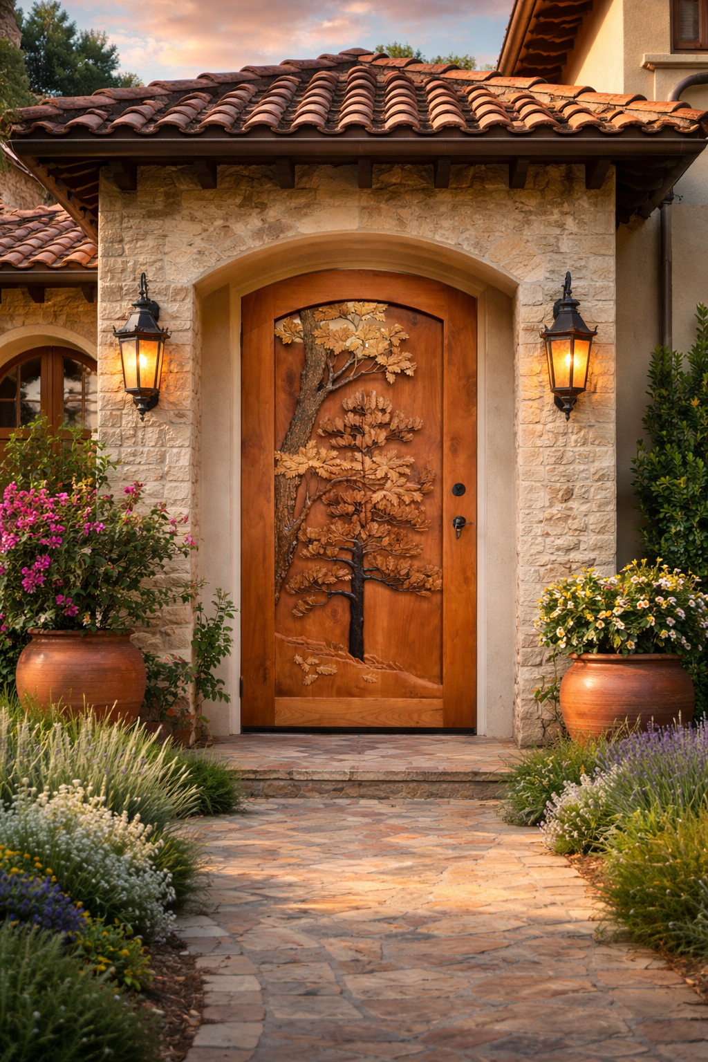 Installed round top arched custom solid wood single swing entry door featuring hand-carved high-relief botanical trees with multi-toned leaves on a Tuscan style stone entryway with clay roof tiles.