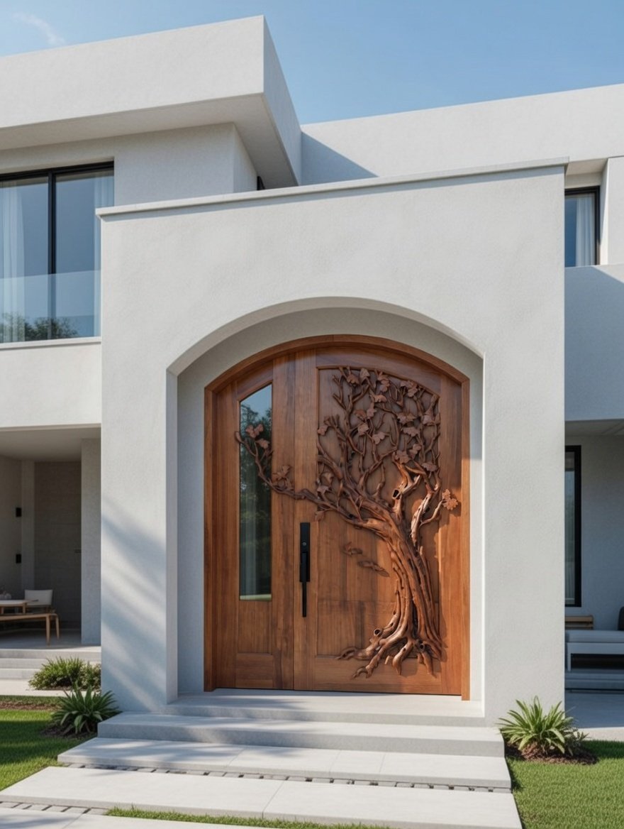 Installed round top arched Eternal Oak custom solid wood single swing entry door with hand-carved tree branches extending across an arched glass sidelight on a modern white house.