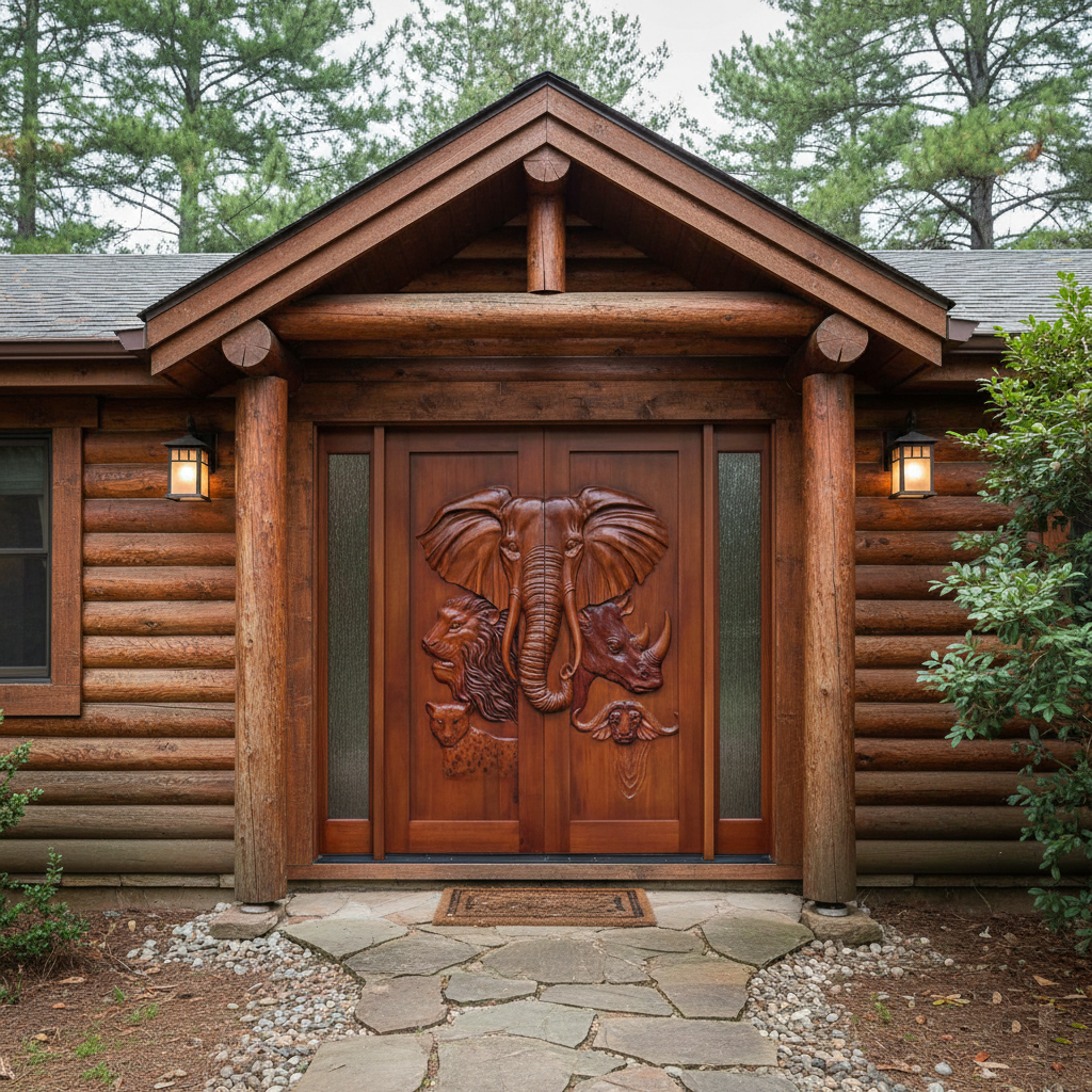 A direct front exterior view of a rustic log cabin featuring a custom hand-carved solid wood double entry door with high-relief African animal carvings, set under a heavy log timber gabled portico flanked by warm outdoor lanterns and a stone flagstone path.