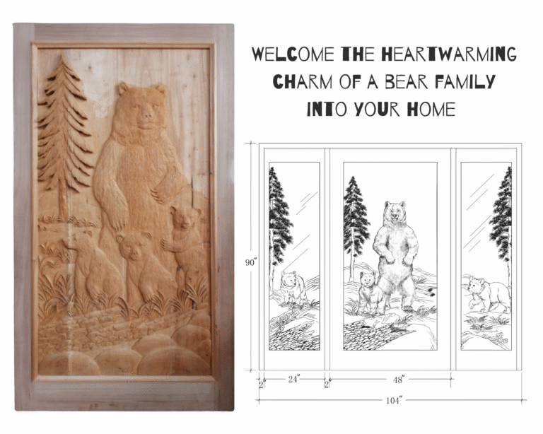 Custom hand-carved wood door design sheet showing an unfinished bear family relief panel alongside an architectural elevation drawing with sidelights and dimensions.