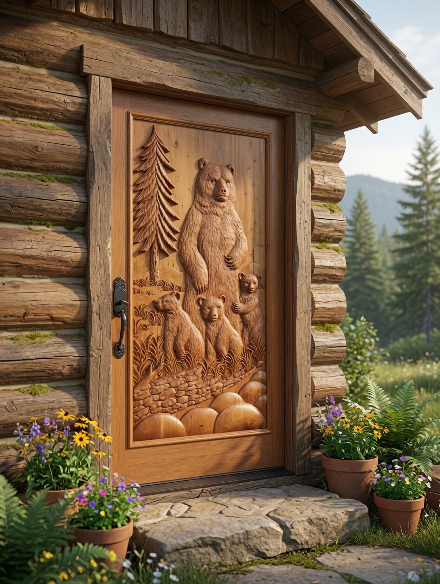 Custom hand-carved solid wood front entry door featuring a high-relief mama grizzly bear with three cubs in a forest setting, installed on a rustic log cabin.