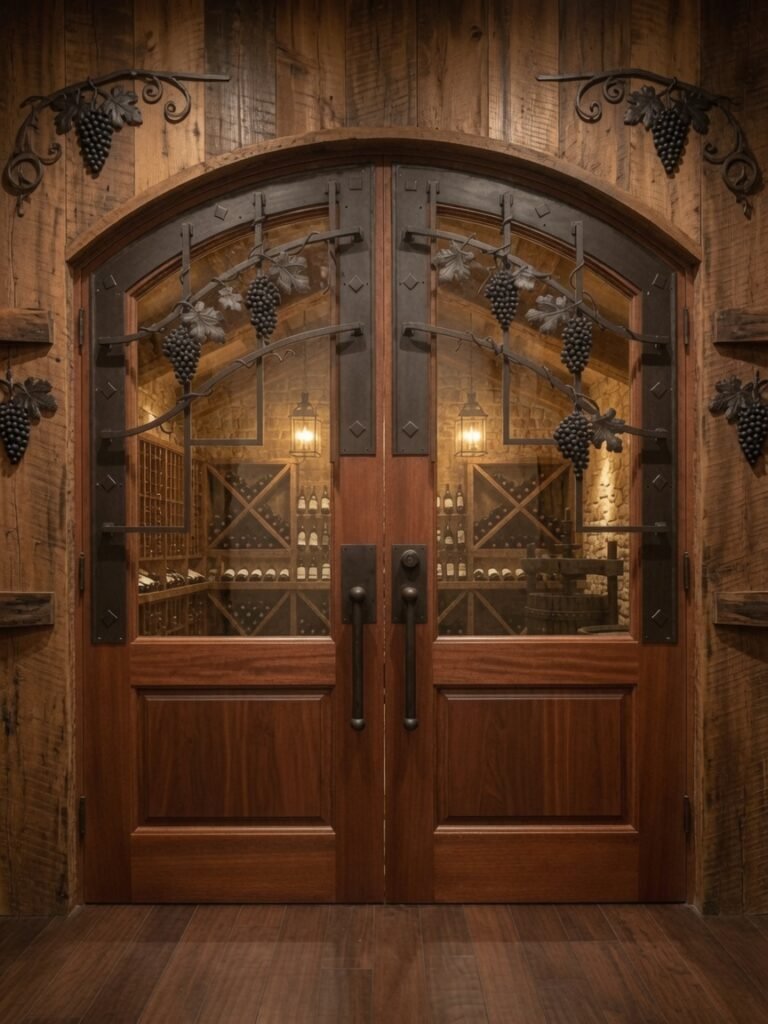 Custom arched solid wood double doors with handcrafted black wrought iron grapevine grilles, beautifully installed against a rustic reclaimed wood wall featuring matching decorative iron grape accents.