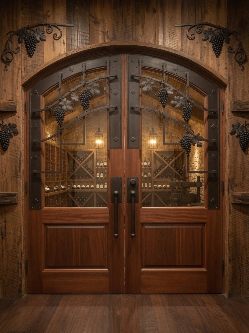 Custom arched solid wood double doors with handcrafted black wrought iron grapevine grilles, beautifully installed against a rustic reclaimed wood wall featuring matching decorative iron grape accents.