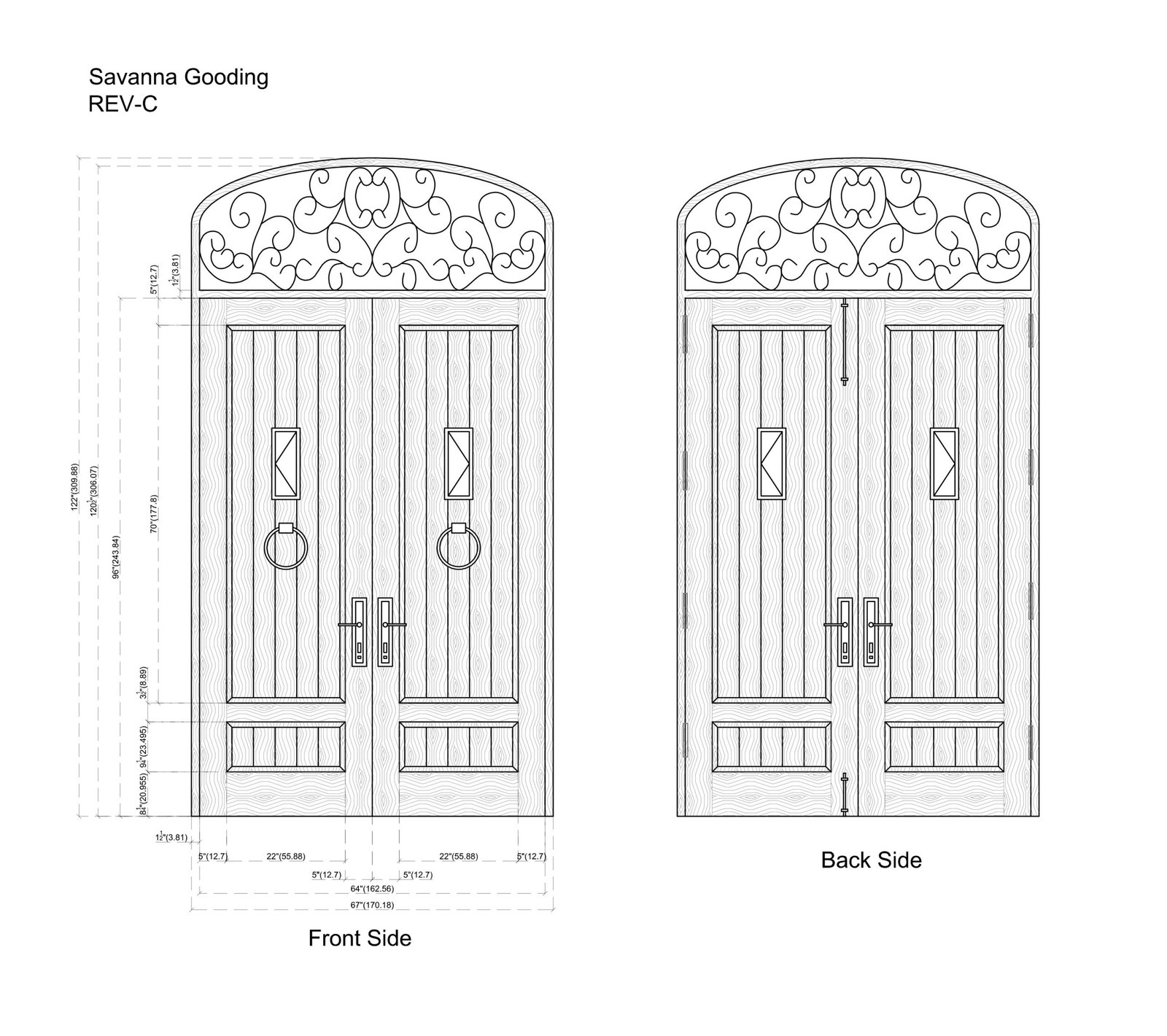 A technical CAD shop drawing detailing the front and back side measurements of the "Savannah" custom double wood entry door with an arched transom, featuring detailed dimension lines, a wrought iron scrollwork transom, speakeasy windows, and ring pulls.