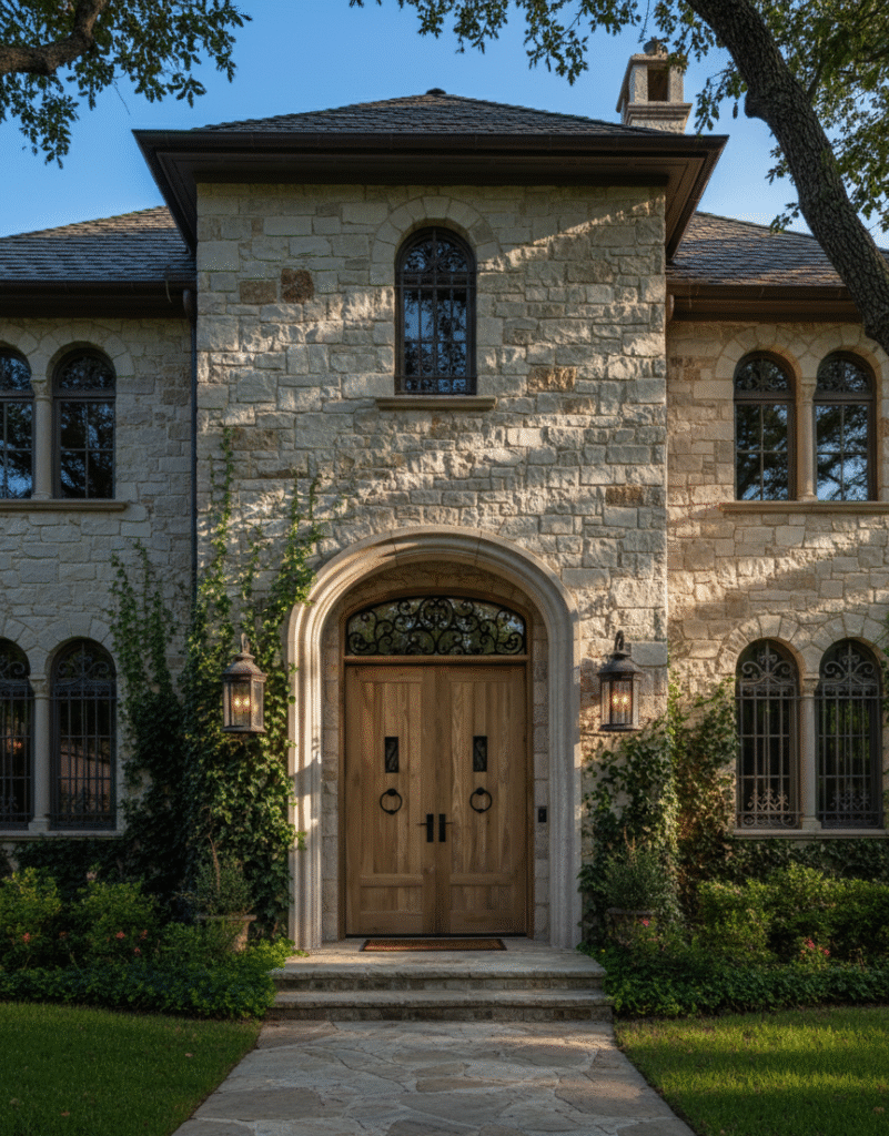 A wide-angle exterior view of a luxury stone-masonry estate featuring the "Savannah" custom double wood entry door with a black iron scrollwork arched transom, framed by a massive stone archway, climbing green ivy, classic copper gas lanterns, and a stone flagstone path.