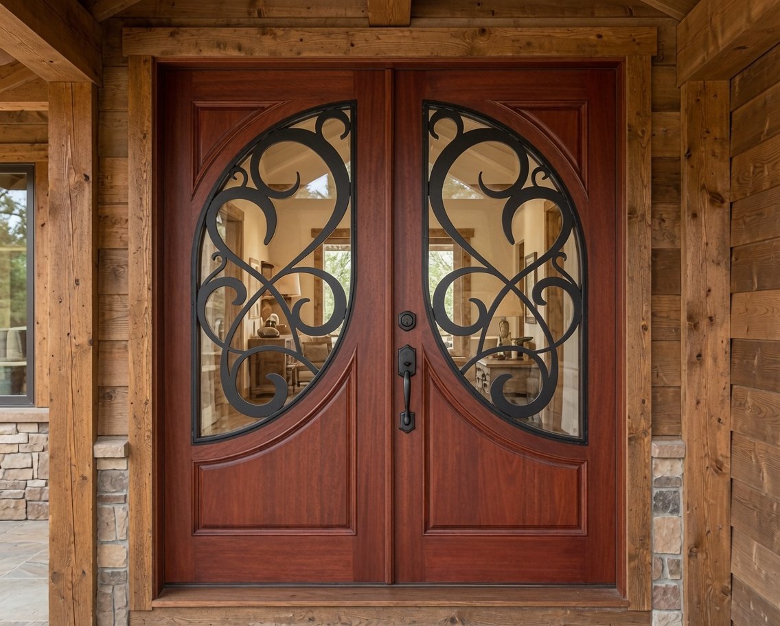 Custom solid wood double entry door with a square top frame, featuring unique oval-shaped clear glass inserts decorated with hand-forged black wrought iron scrollwork, installed on a rustic mountain timber home exterior.