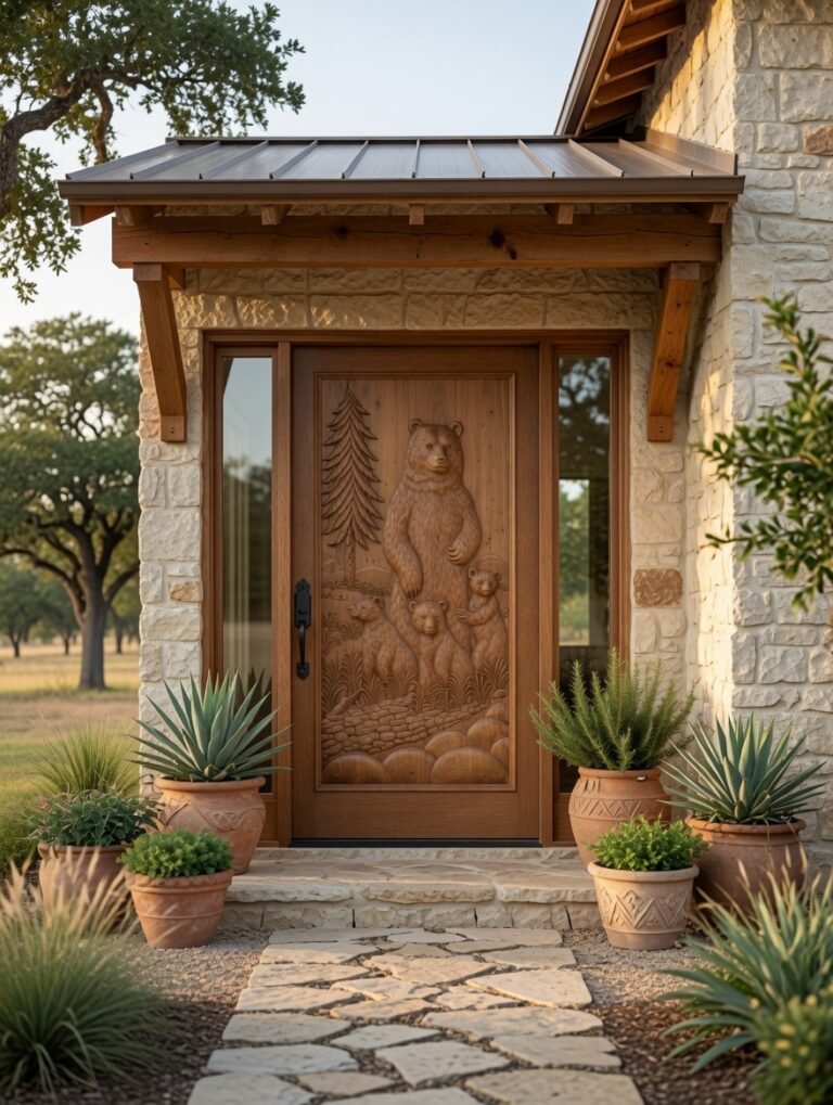Custom hand-carved solid wood entry door with a high-relief bear family artwork and two glass sidelights on a Texas Hill Country stone ranch house exterior.