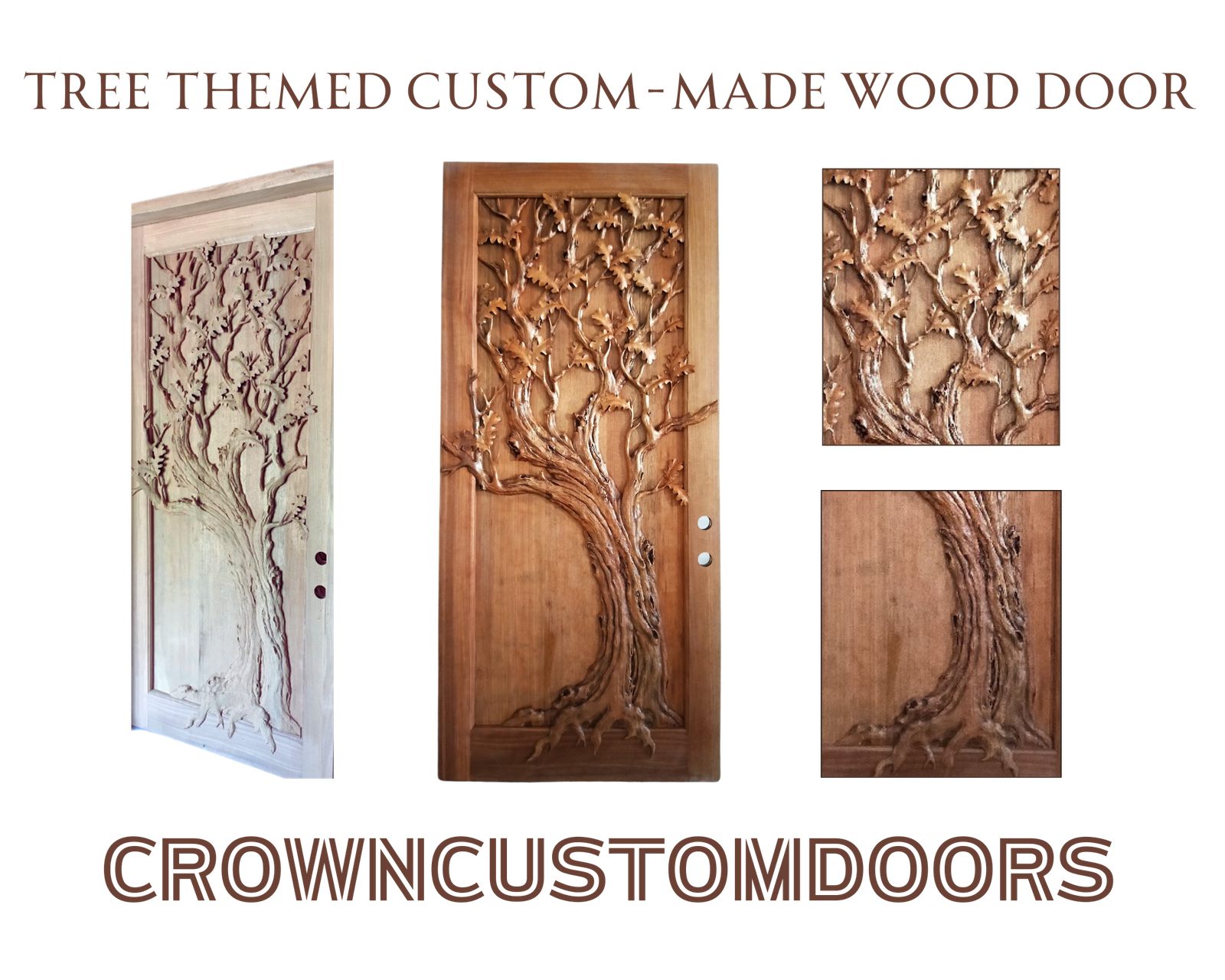 Collage showcasing an angled view, full front view, and close-up relief details of a tree-themed custom hand-carved solid wood single swing door slab.