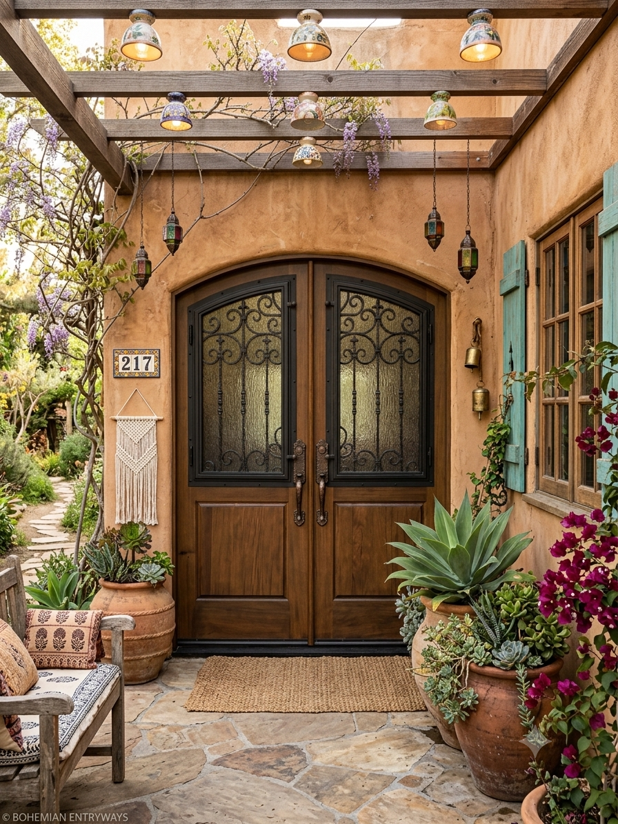Custom arched solid wood double front doors by Crown Custom Doors, featuring intricate black wrought iron grilles over textured privacy glass, installed in a southwestern Tuscan courtyard entry with a wooden pergola, stone patio, and large terracotta planters.