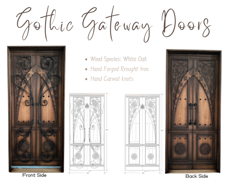 A product specification graphic from Crown Custom Doors showing two design variations of a solid white oak Gothic double entry door system alongside their detailed architectural CAD blueprint line drawings, highlighting hand-carved knots and hand-forged wrought iron options on a black background.