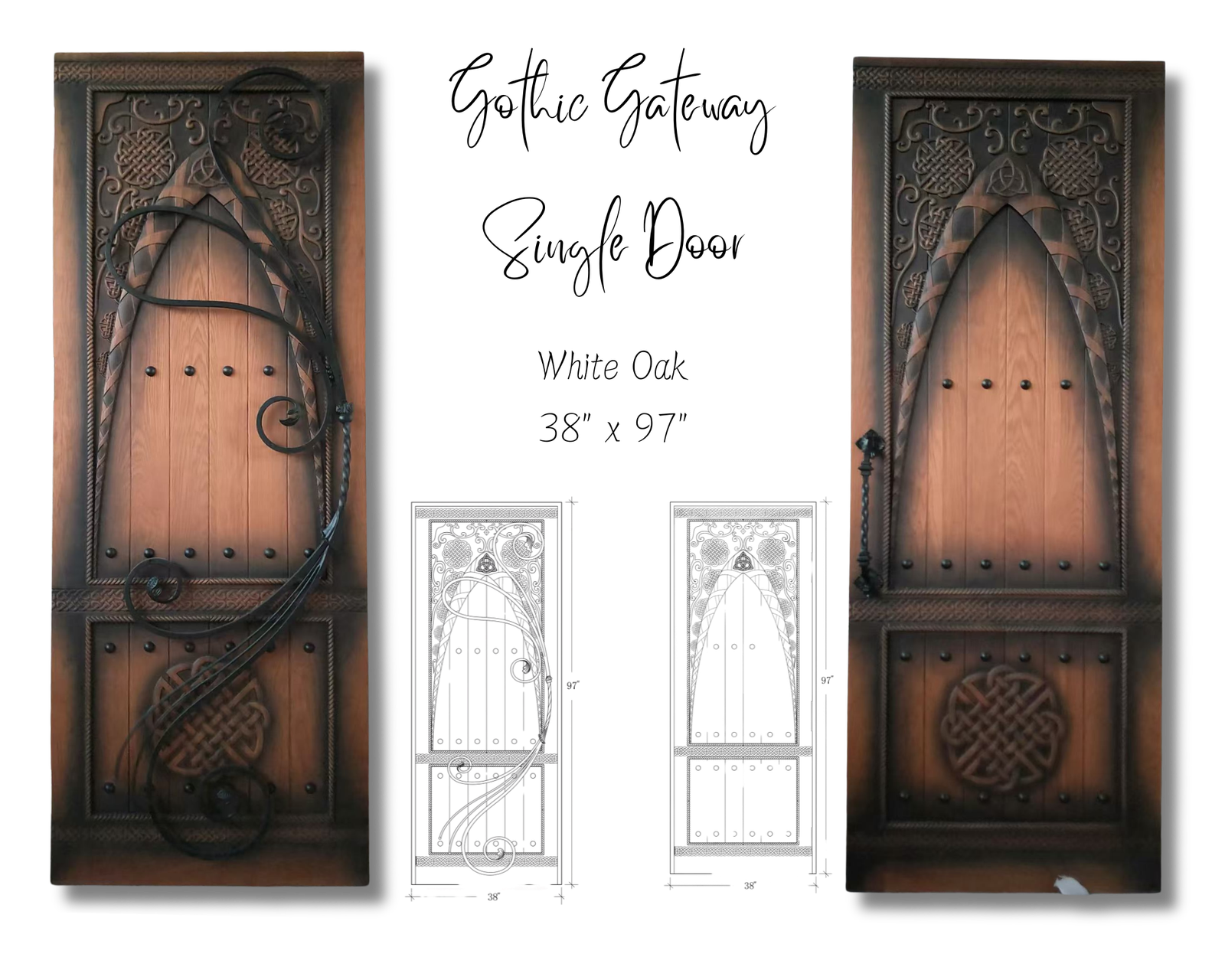 A product specification graphic from Crown Custom Doors displaying two design options for a solid white oak Gothic single entry door next to their architectural CAD blueprint drawings, highlighting hand-carved Celtic knots, an asymmetrical iron scroll overlay, and a hand-twisted pull handle variant on a black background.