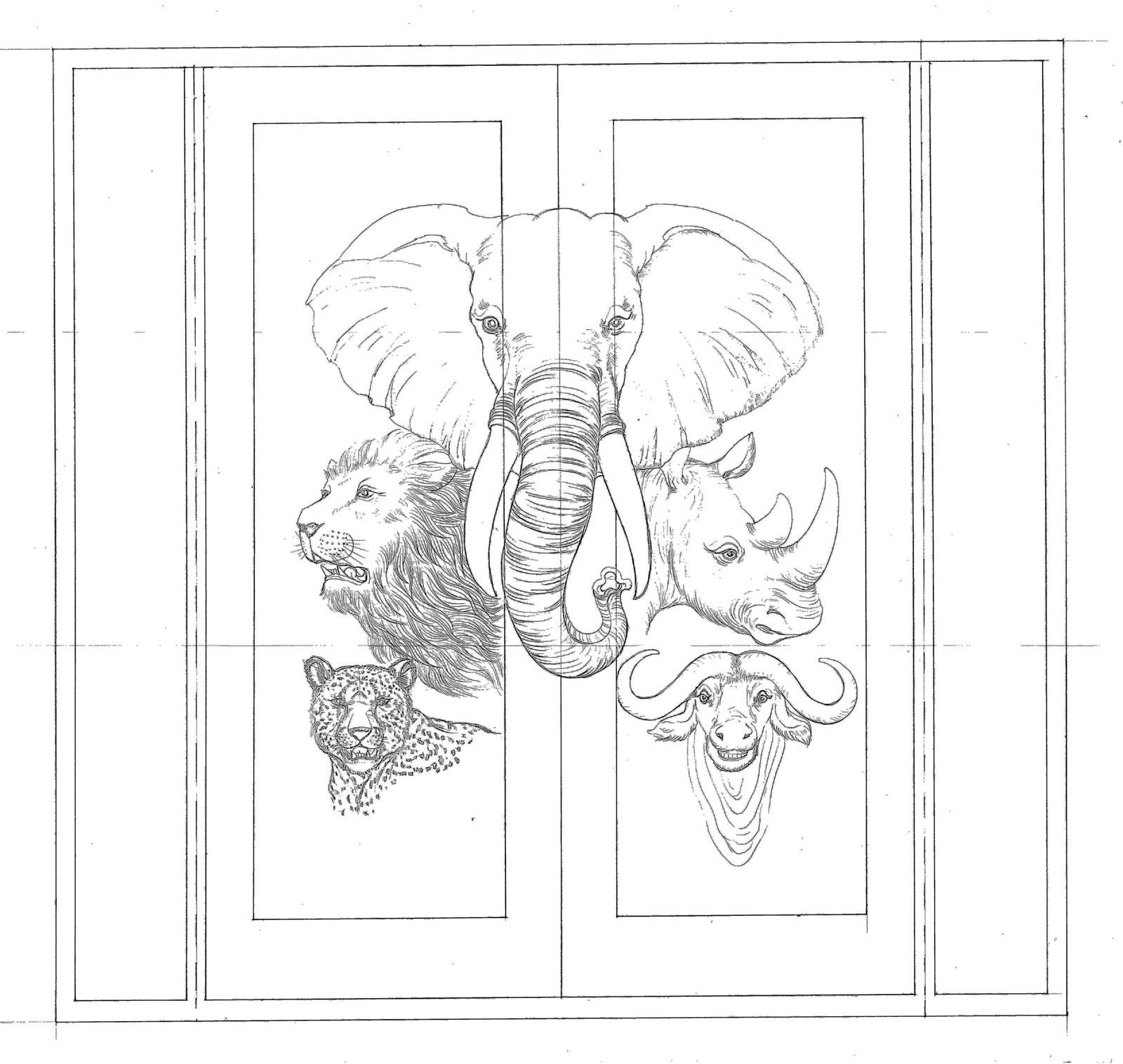 A black and white architectural line art drawing and custom sketch for the "Wild Africa" solid wood double entry door, illustrating the precise layout of the hand-carved African elephant, lion, rhinoceros, leopard, and cape buffalo with flanking sidelights.