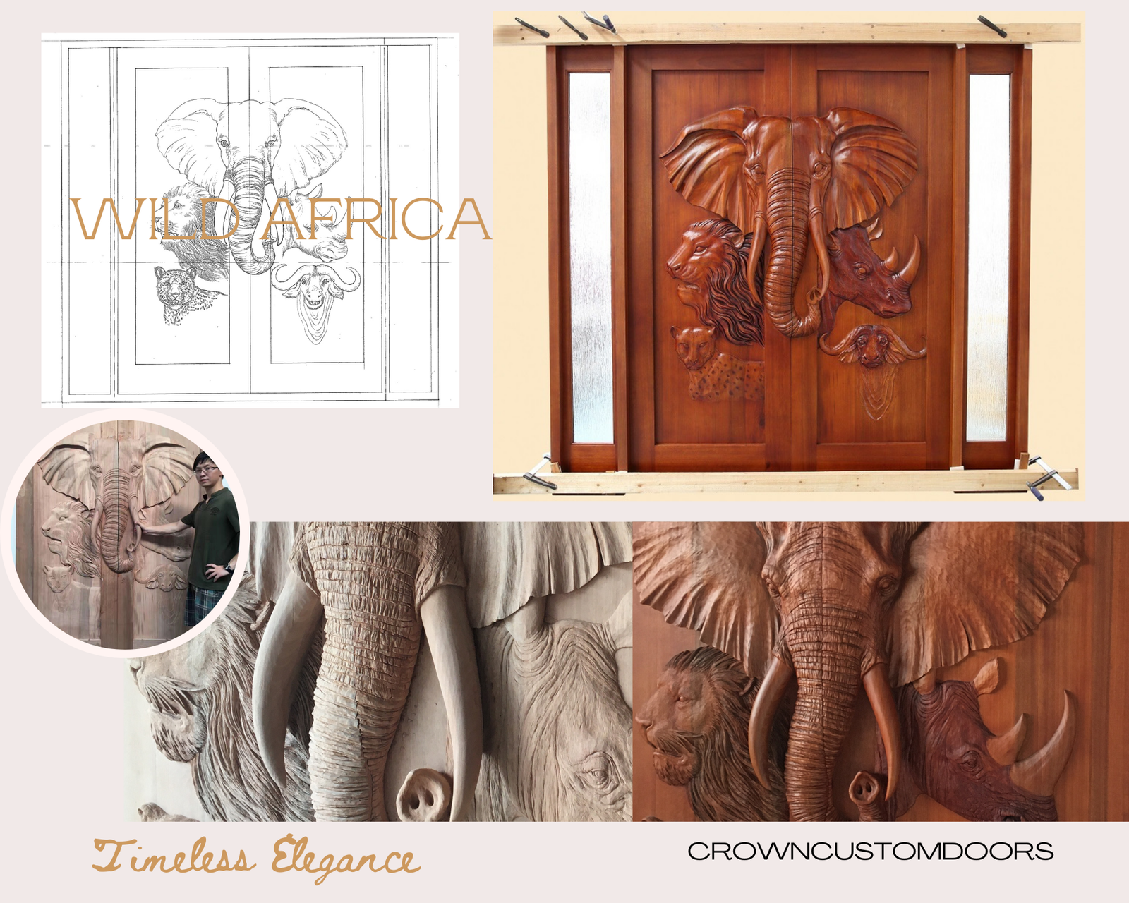 A collage showing the production steps of the hand-carved Wild Africa solid wood double door, featuring the initial sketch, close-ups of raw and finished hand-carved wildlife details like an elephant and lion, and the fully assembled door unit with sidelights in the workshop.