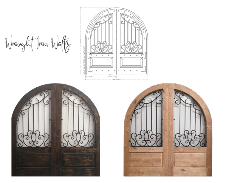 A product design showcase from Crown Custom Doors for the 'Wrought Iron Waltz' arched double doors, displaying a technical CAD architectural drawing above two material finish options: a rich dark-stained wood option and a raw, unfinished solid wood option.
