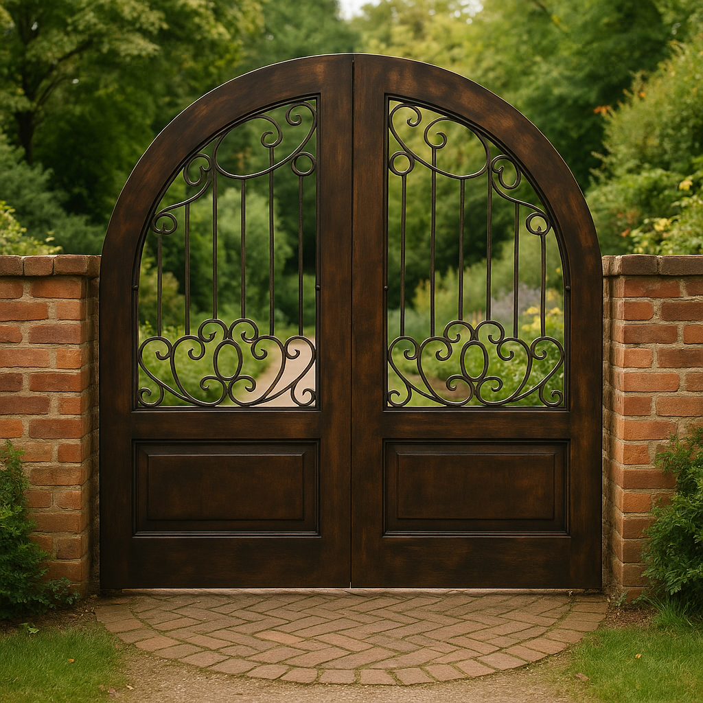 The 'Wrought Iron Waltz' custom arched solid wood double doors by Crown Custom Doors, installed as an elegant garden entryway gate between red brick pillars with a green, tree-lined garden path in the background.