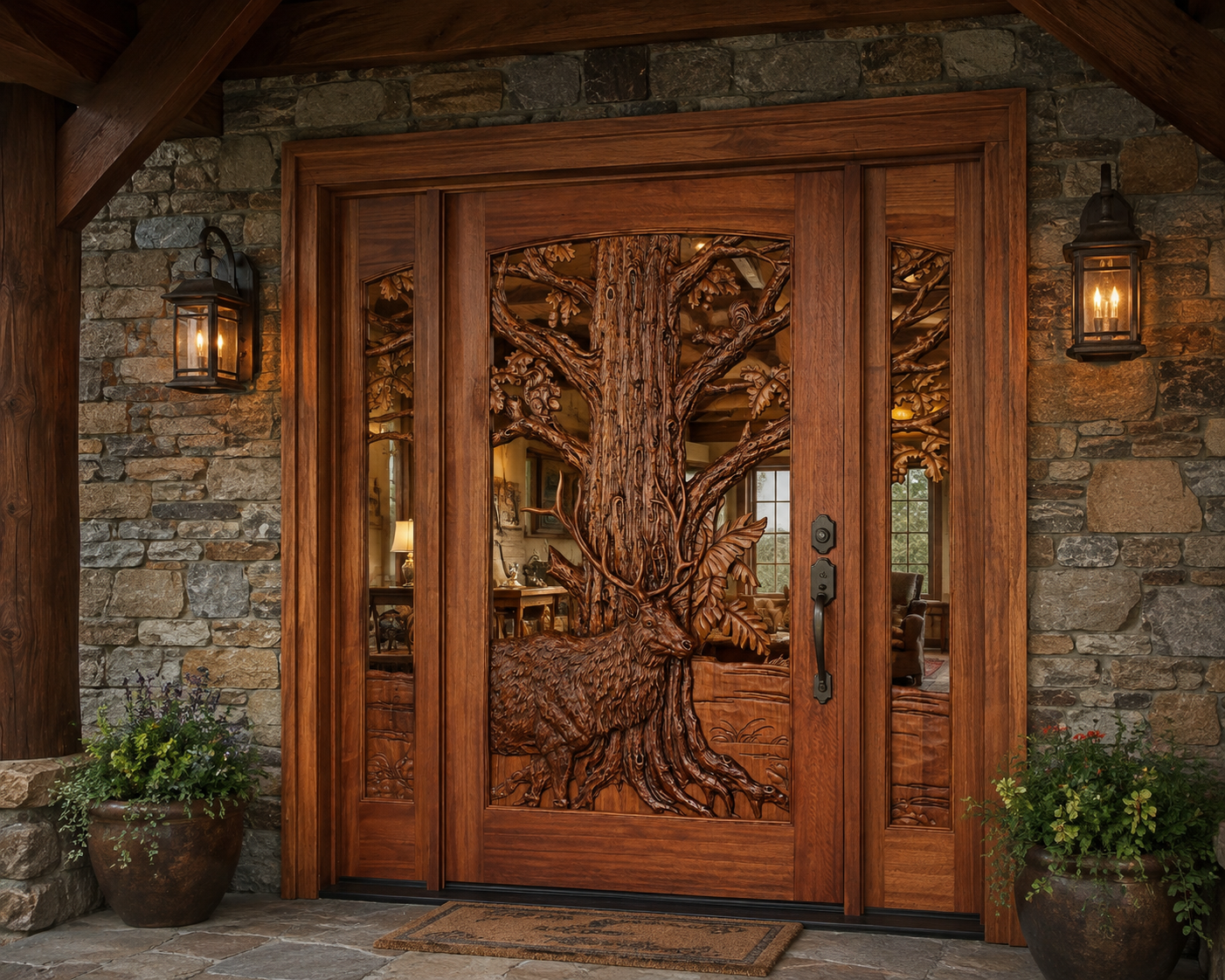Custom hand-carved solid wood single front door with matching glass sidelights featuring an intricate elk and oak tree relief carving, installed in a luxury rustic mountain lodge entrance with stacked stone walls, timber posts, and rustic lantern sconces.