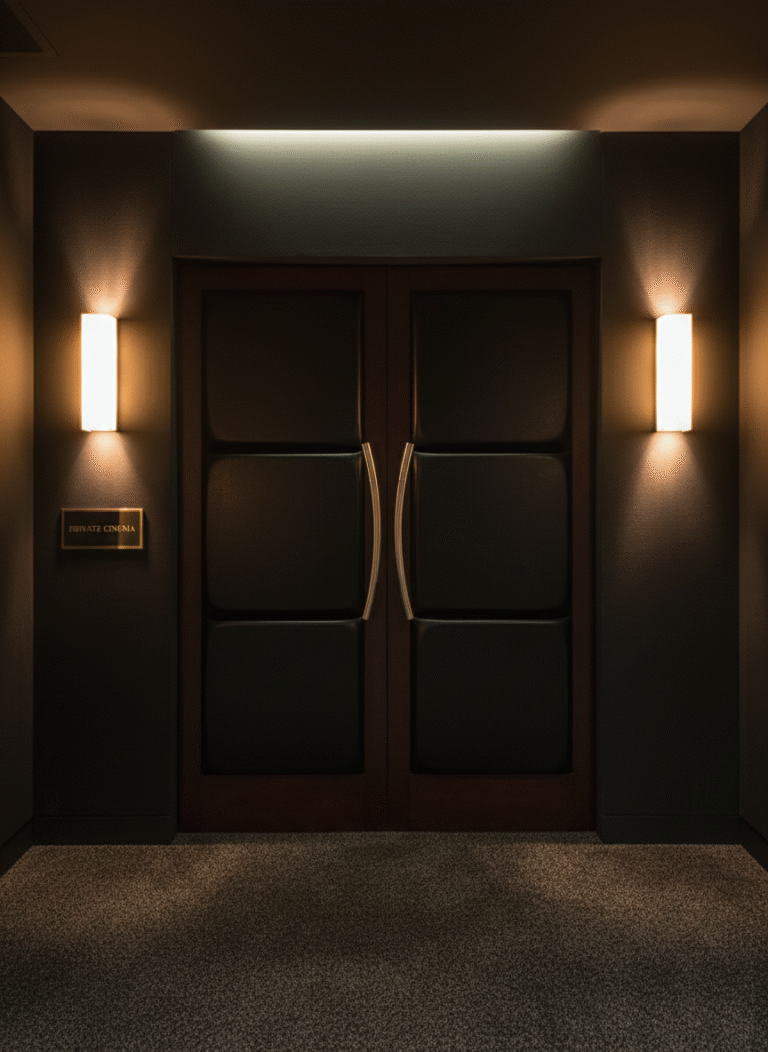 Custom solid mahogany double doors with three large black vinyl upholstered cushion panels and curved stainless steel ladder handles, installed at a luxury private cinema entrance flanked by warm wall sconces and a brass "Private Cinema" sign.
