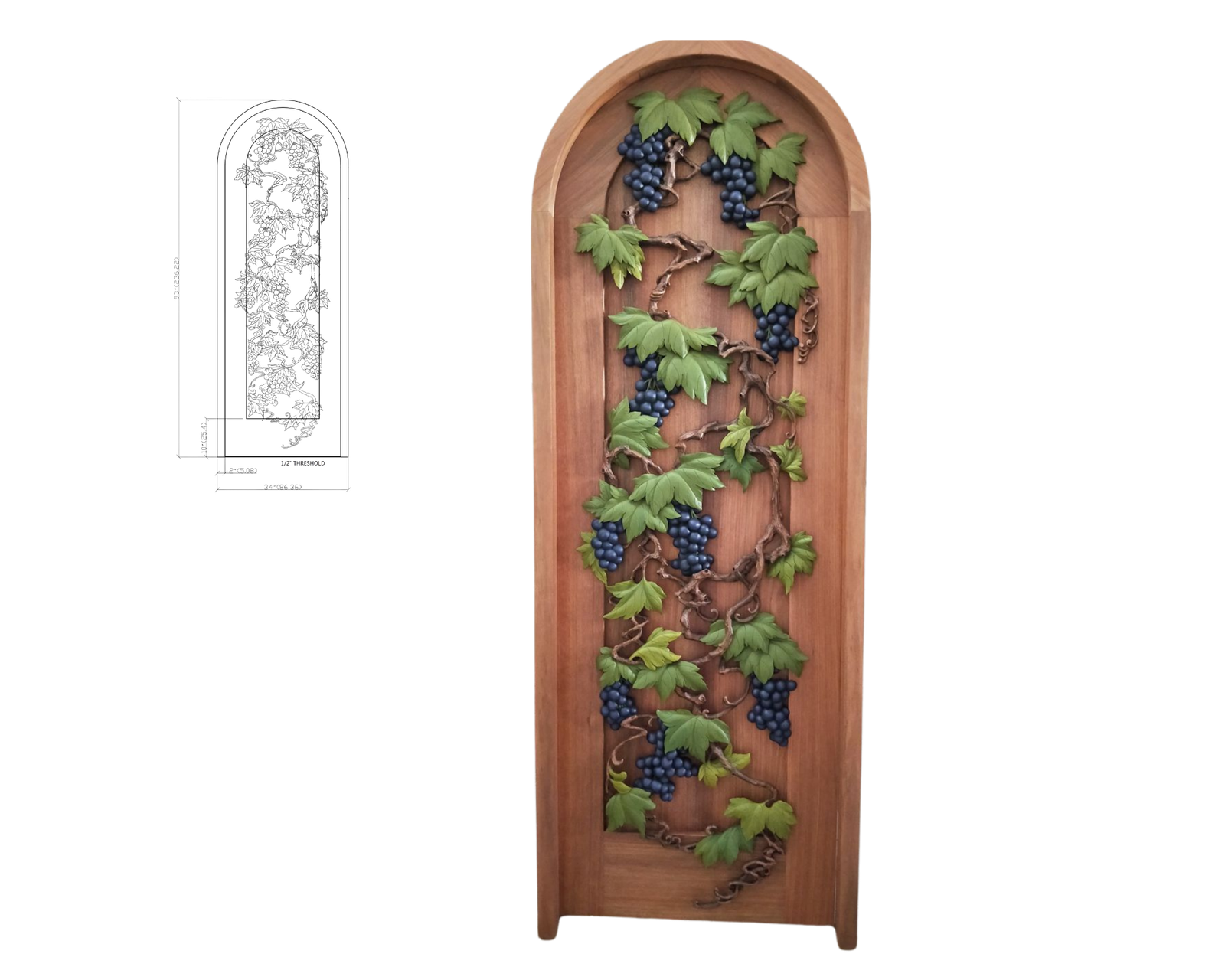Arched solid wood wine cellar door featuring 3D hand-carved, hand-painted green grapevine leaves and purple grape clusters, paired with an architectural CAD dimension blueprint.