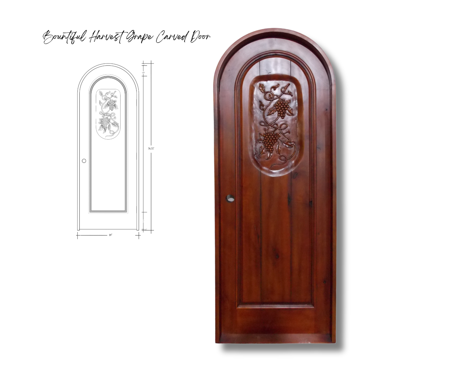 Arched solid wood door featuring a central oval recessed panel with hand-carved grape clusters and vines, shown alongside an architectural CAD drawing.
