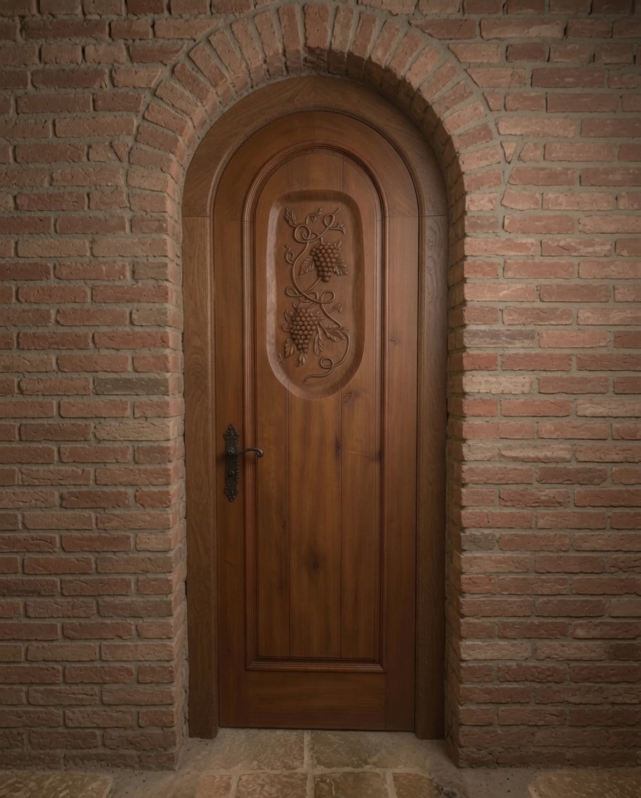 Arched solid wood wine cellar door set in a red brick archway, featuring an oval recessed panel with delicate hand-carved grape clusters and vines.