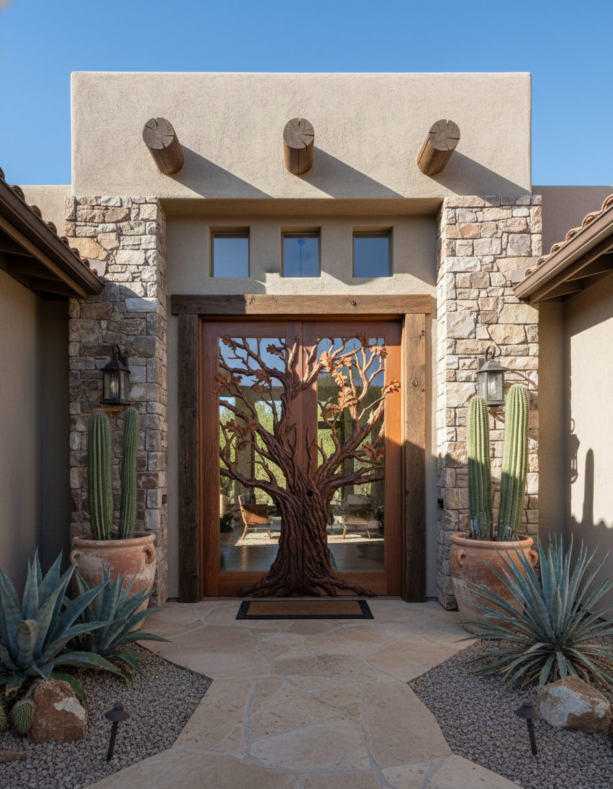 Hand-carved solid wood oak tree double entry doors installed on a Southwest Santa Fe Pueblo style Arizona desert house with stucco walls and stone accents.