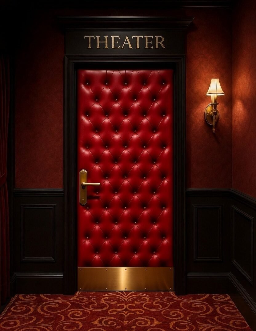 Art Deco style home cinema entrance featuring dark red textured walls, dark wood wainscoting, an illuminated THEATER header sign, and a custom acoustic red leather diamond-tufted single door with a brass lever handle and brass kick plate.