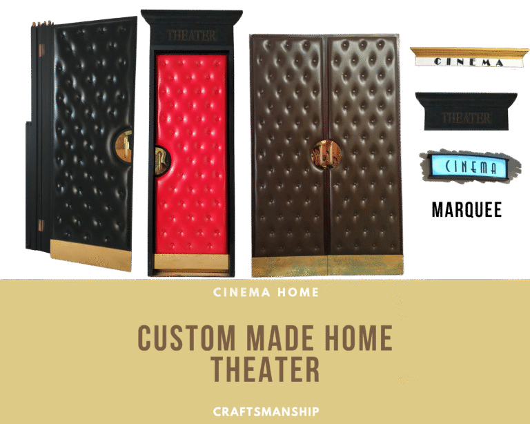 Product showcase poster for Crown Custom Doors displaying custom acoustic home theater doors in black, red, and dark brown tufted vinyl with brass handles and kick plates, along with custom CINEMA and THEATER illuminated header signs.