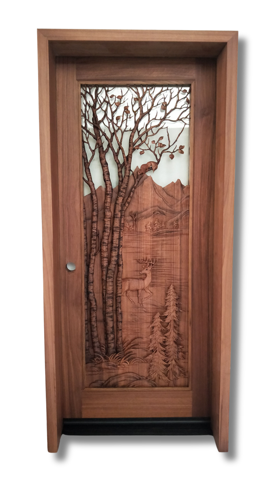 Aspen hand-carved solid wood custom entry door featuring high-relief carvings of tall aspen trees with leaves and squirrels, a deer standing by a mountain lake, pine trees, rocks and distant mountains; warm mahogany-toned finish with glass panel insert by Crown Custom Doors