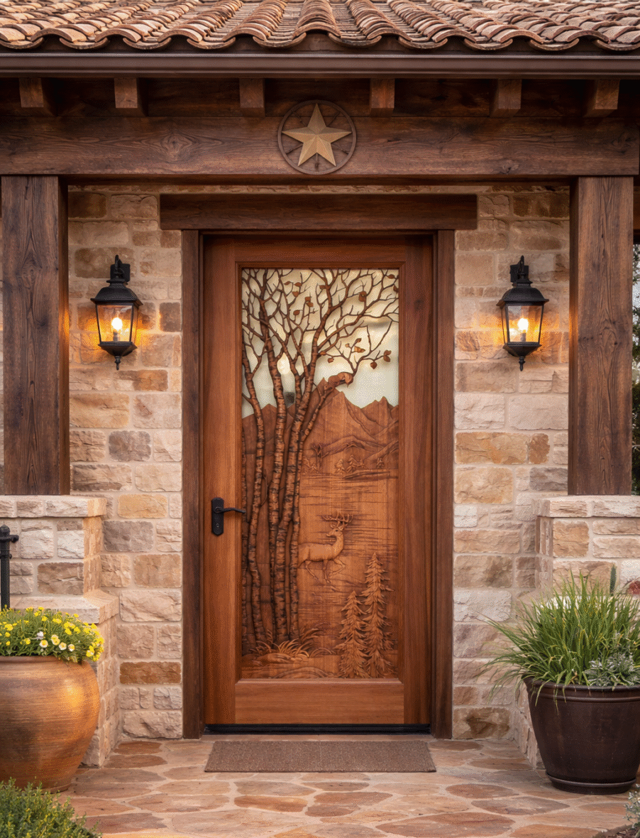Fully installed Aspen Lake Retreat hand-carved solid wood custom entry door featuring high-relief aspen trees with squirrels, deer by mountain lake, pine trees and peaks; shown in a rustic stone and timber home entrance with lanterns and planters by Crown Custom Doors