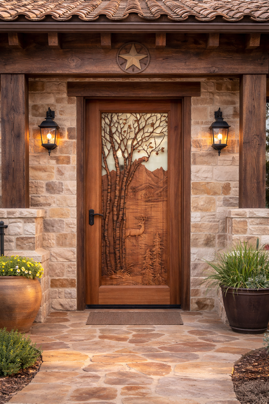 Fully installed Aspen Lake Retreat hand-carved solid wood custom entry door featuring high-relief aspen trees with squirrels, deer by mountain lake, pine trees and peaks; shown in a rustic stone and timber home entrance with lanterns and planters by Crown Custom Doors