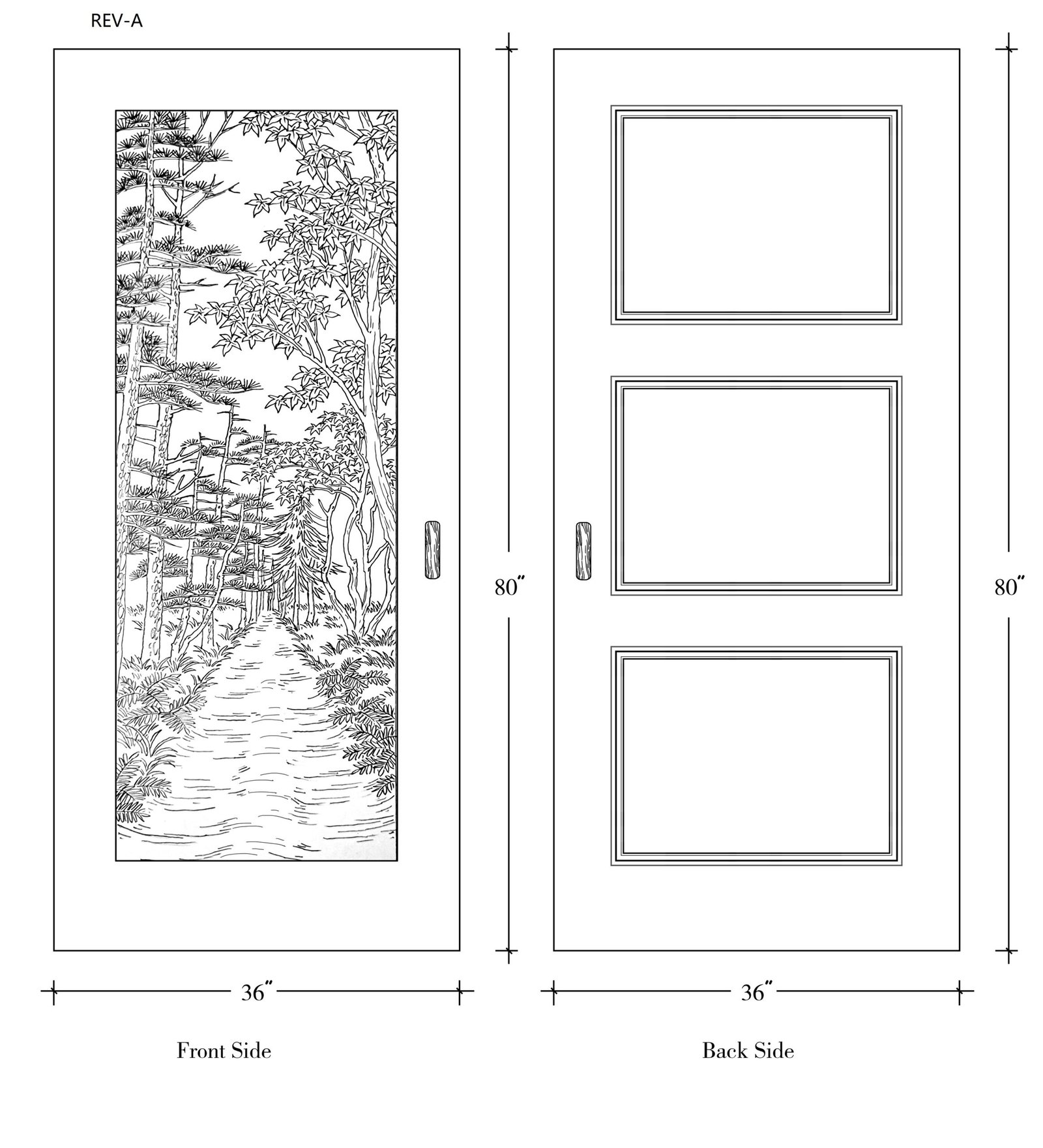 Architectural CAD drawing layout labelled REV-A showing front and back elevation schematics for the Autumn Lane 36x80 inch solid wood entry door with a forest landscape carving on the front side and a 3-panel raised design on the back side.