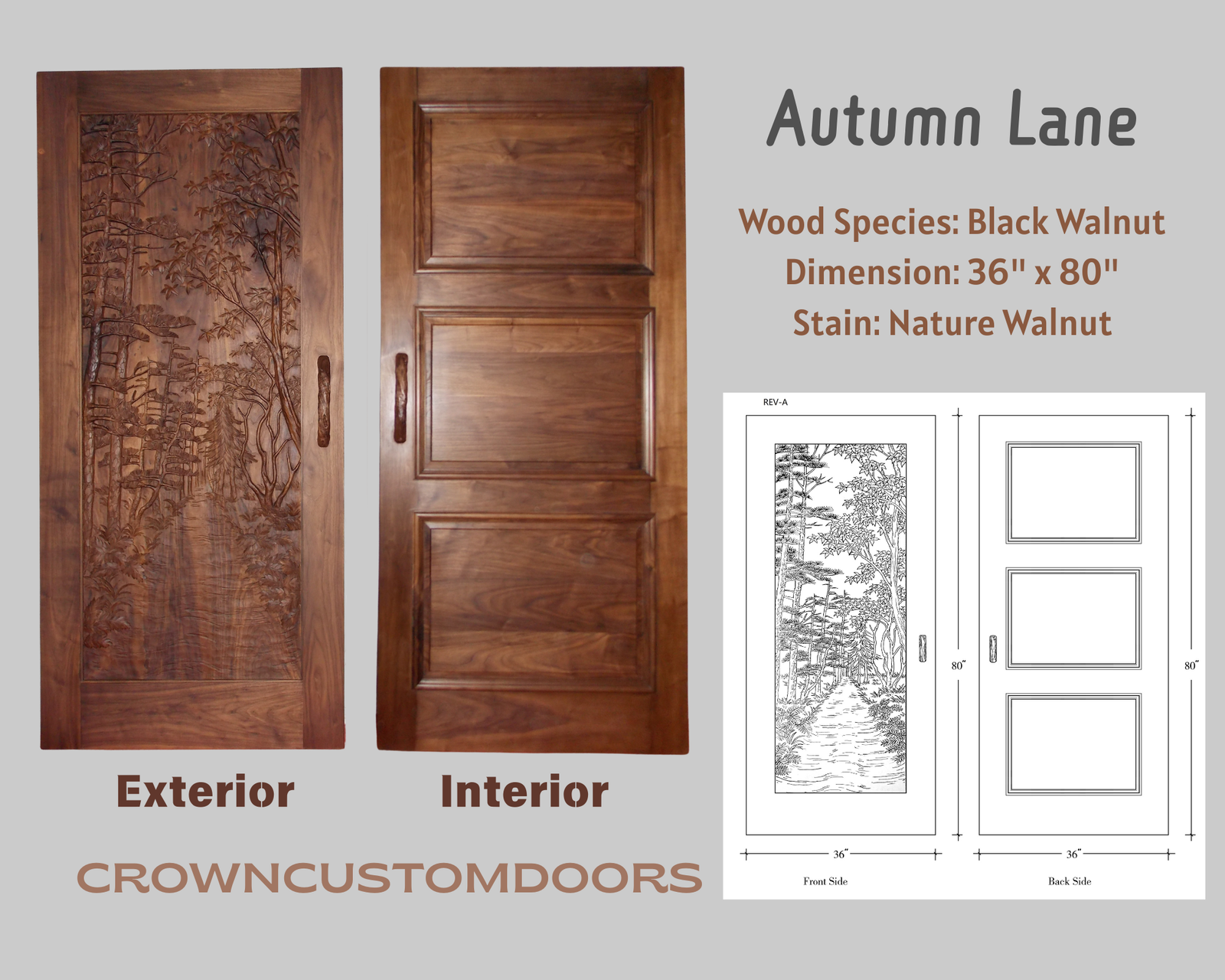 Product presentation collage for the Autumn Lane solid black walnut entry door displaying finished exterior hand-carved forest artwork, interior 3-panel layout, CAD CAD drawing schematics, and product specs.