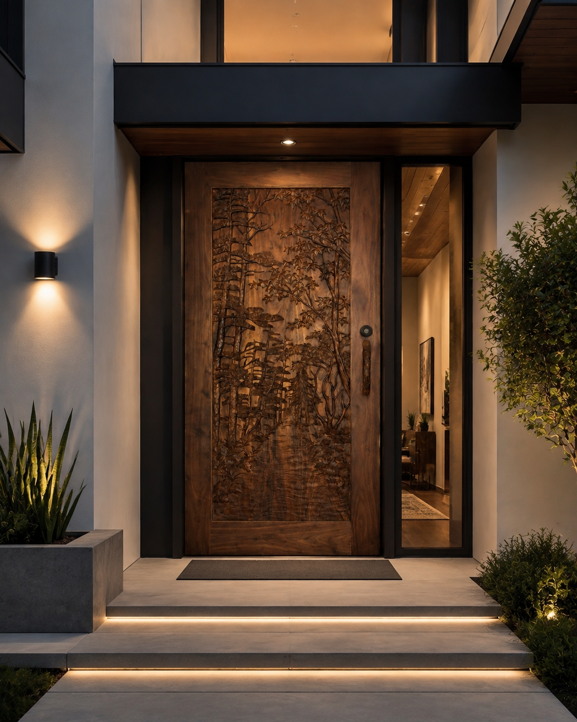 Evening entrance shot of an installed Autumn Lane solid black walnut single entry door featuring a hand-carved forest landscape, flanked by a tall glass sidelight and illuminated by warm architectural step lighting on a modern home.