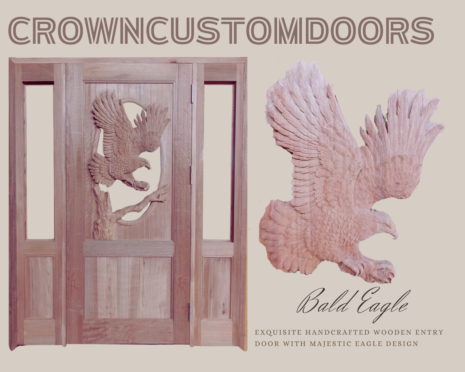 Product presentation collage showing a pre-hung solid wood single entry door unit with matching glass sidelights and a high-relief hand-carving of a bald eagle perched on a branch, featuring a detailed close-up of the eagle carving.