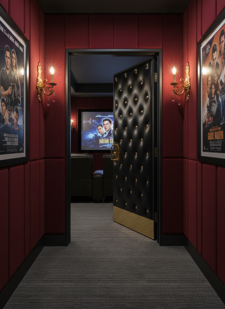 Open custom black tufted leather soundproof single door with gold studs and brass hardware, leading into a luxury home cinema room with red acoustic wall panels, movie posters, and sconce lights.