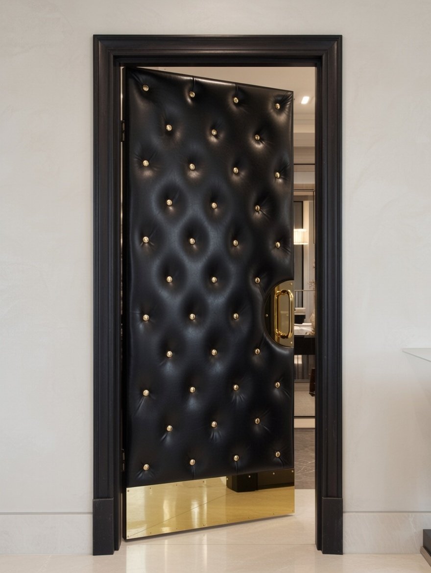 Custom black tufted leather acoustic single door installed in a luxury home interior featuring gold button studs, a half-moon brass pull handle, a polished gold kick plate, and a dark wooden door frame casing.