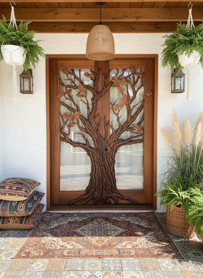 Hand-carved solid wood double entry door featuring an oak tree sculpture installed on a Bohemian style porch with macrame hanging planters, patterned rug, and warm wood ceiling.