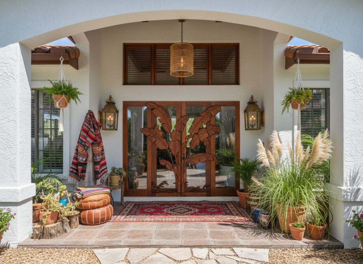 Crown Custom Doors hand-carved solid wood tropical banana leaf double entry doors with glass panels on a Bohemian style home with macrame plants, woven lantern, and leather poufs.