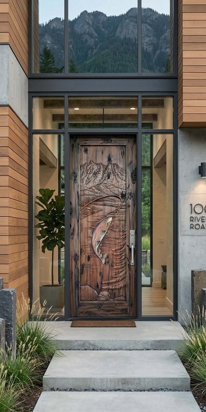 Crown Custom Doors hand-carved solid wood single entry door featuring a fly fishing trout scene set within a modern dark metal glass frame on a contemporary mountain home.