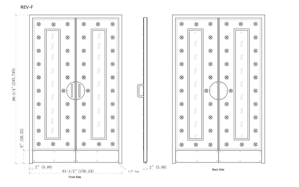 CAD architectural shop drawing showing front elevation, side profile, and back elevation measurements for custom pre-hung soundproof upholstered double doors with glass vision panels and central circular hardware.