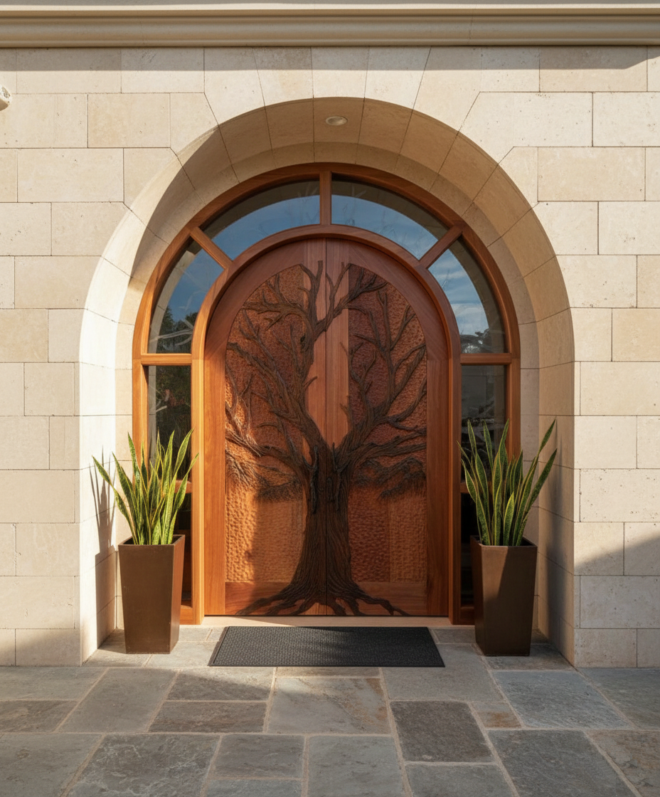 Custom hand-carved solid wood Tree of Life arched double front doors installed in a modern stone residential entrance, complete with matching round top transom glass, glass sidelights, and potted snake plants on either side.