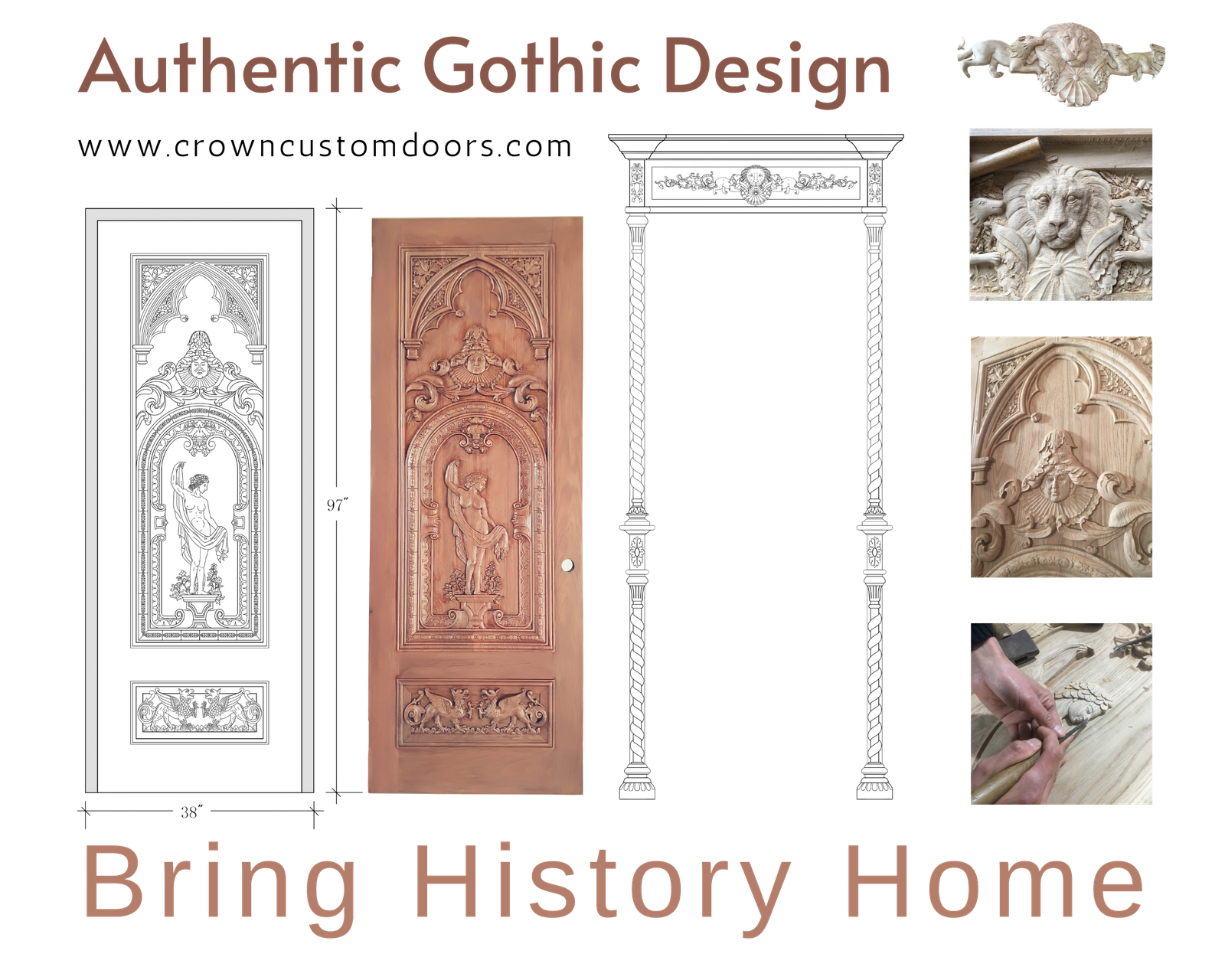 Authentic Gothic Design showcase graphic by Crown Custom Doors featuring a 97-inch CAD architectural drawing, a finished hand-carved solid wood Gothic door panel, CAD frame schematics, and detailed close-up photos of hand-chiseled wood carvings including a lion motif and Gothic face.
